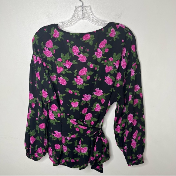 WHO WHAT WEAR Floral Black and Pink Rose Wrap Blouse - Picture 12 of 12
